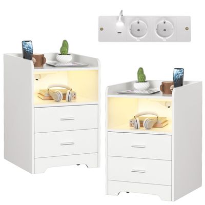 Peviasot Set of 2 Nightstands with LED Lights, Charging Station, 2 Drawers and Open Compartment, White