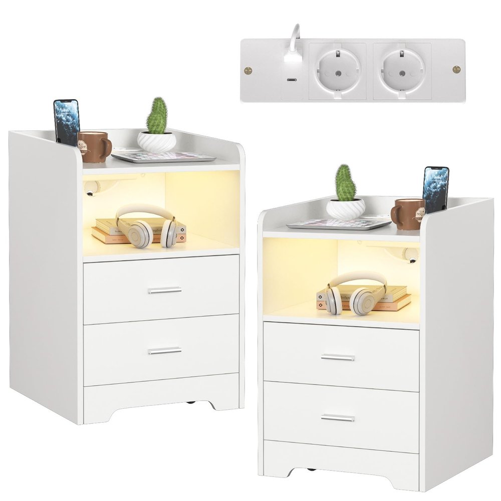 Peviasot Set of 2 Nightstands with LED Lights, Charging Station, 2 Drawers and Open Compartment, White