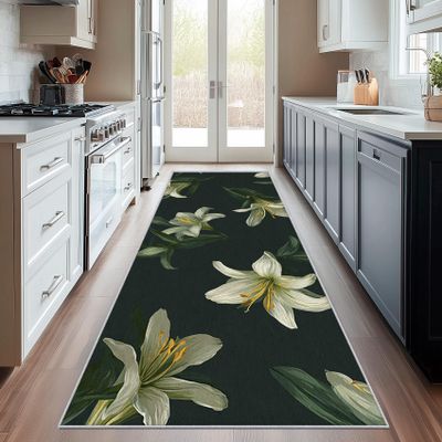 Lily Flower Runner Rug, Green Botanical Floral, 24 x 47 in