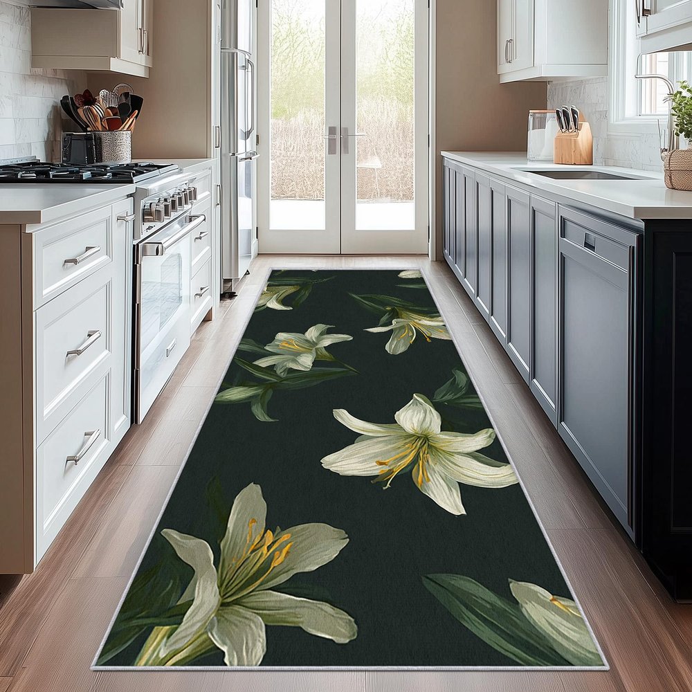 Lily Flower Runner Rug, Green Botanical Floral, 24 x 47 in