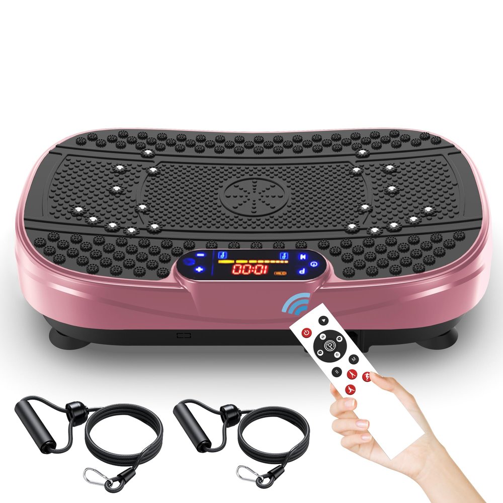 SAVEYOUR Vibration Plate for Home, 120 Levels & 5 Modes, Resistance Bands and Remote, Rose Red