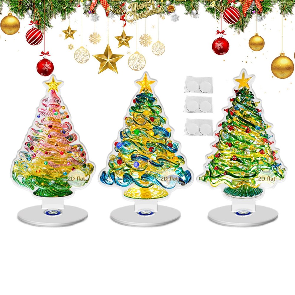Dqsgiqe 2D Acrylic Christmas Tree Figurine, 3-Piece Collectible Sculpture