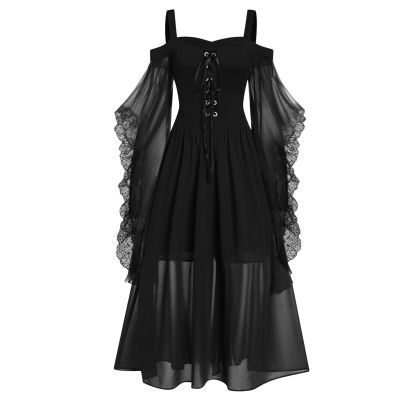 Battnot Women's Renaissance Gothic Costume Dress with Trumpet Sleeves