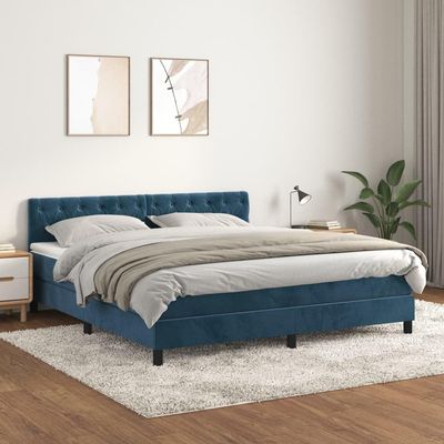 Refined Box Spring Bed with Mattress, Dark Blue, 160x200 cm, Velvet