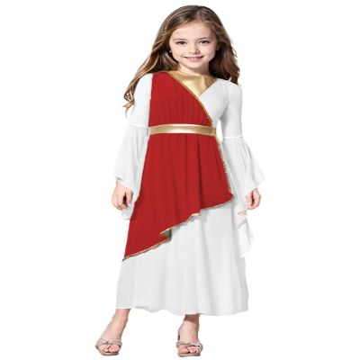 RUNQHUI Girls' Greek Roman Goddess Athena Toga Dress, Burgundy, 122-128