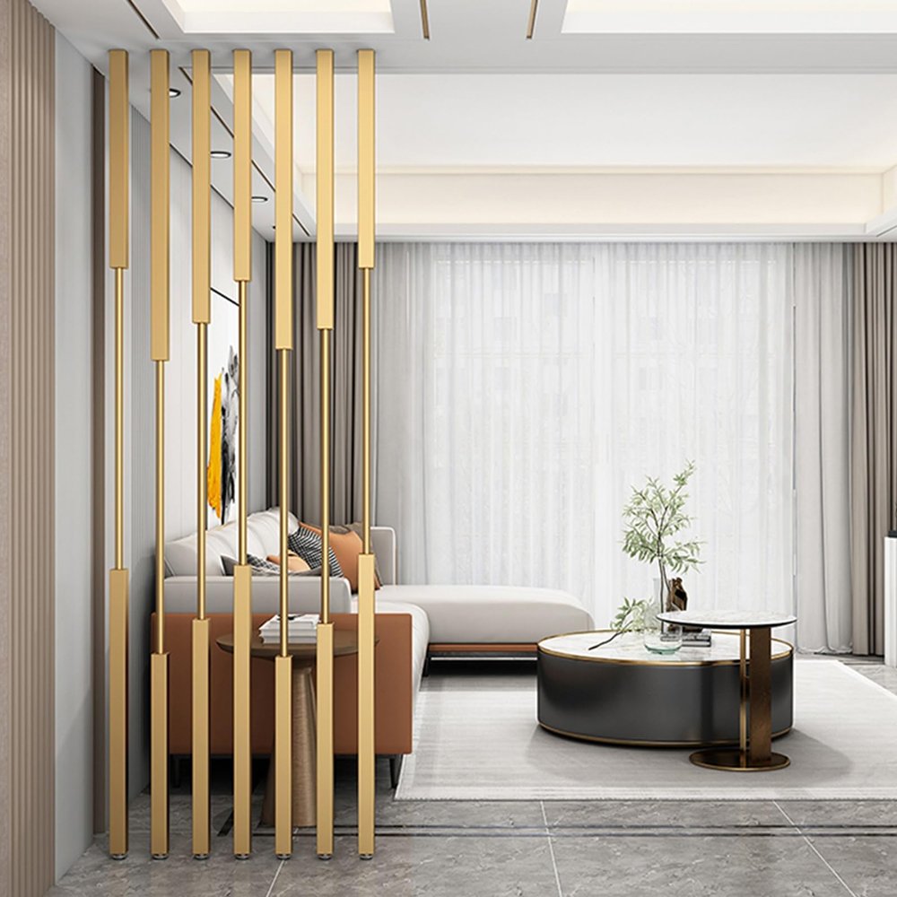 Modern Privacy Screen Room Divider, 5-Piece Gold Metal Poles, Adjustable to 106 in