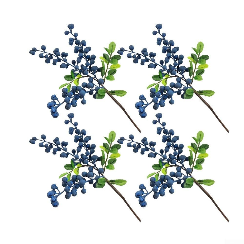 Pumixiy Realistic Artificial Blueberry Sprigs, 55 cm, 3-Fork Branches, 6-Piece Set, Blueberry Color