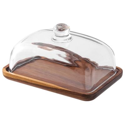 Butter Dish with Lid, 18 x 11.9 x 9.4 cm, Wooden Butter Container with Clear Glass Cover