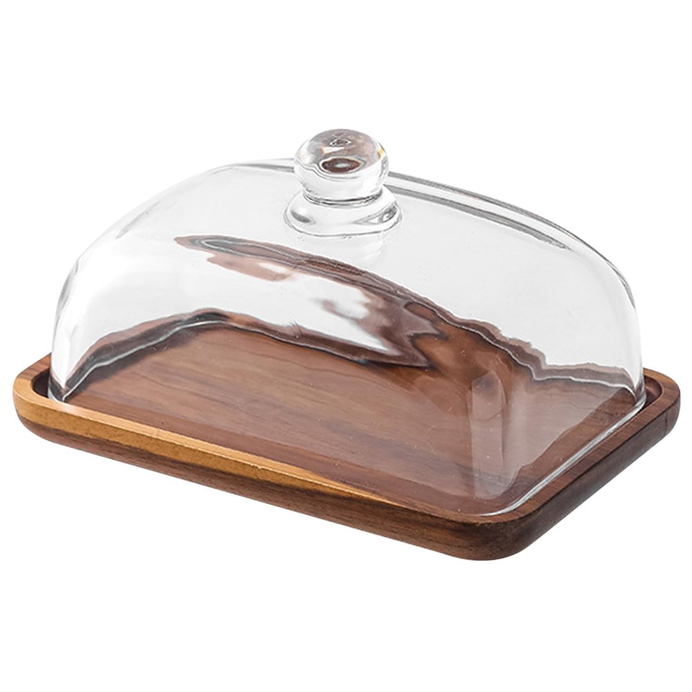 Butter Dish with Lid, 18 x 11.9 x 9.4 cm, Wooden Butter Container with Clear Glass Cover