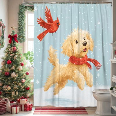 Shower Curtain Set with Golden Doodle Designs, Cute Puppy Curtain, Polyester, 137 x 198 cm