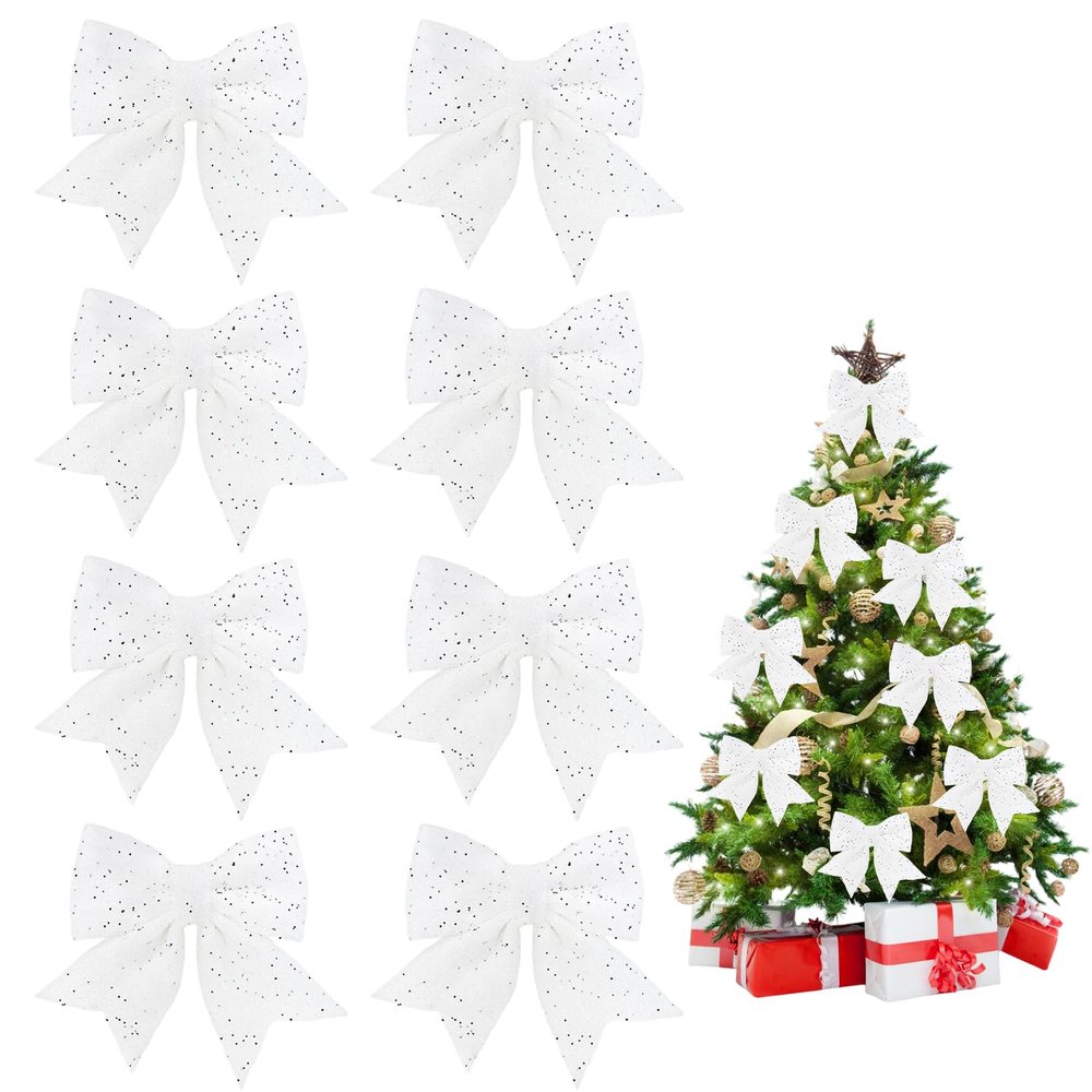 YyiFcg Pack of 8 Christmas Bows 12x15 cm - White Glitter