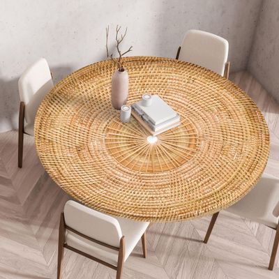 FANSU Elastic Round Outdoor Tablecloth, Stain-Resistant, Wipeable, 100 cm Diameter, Straw Texture