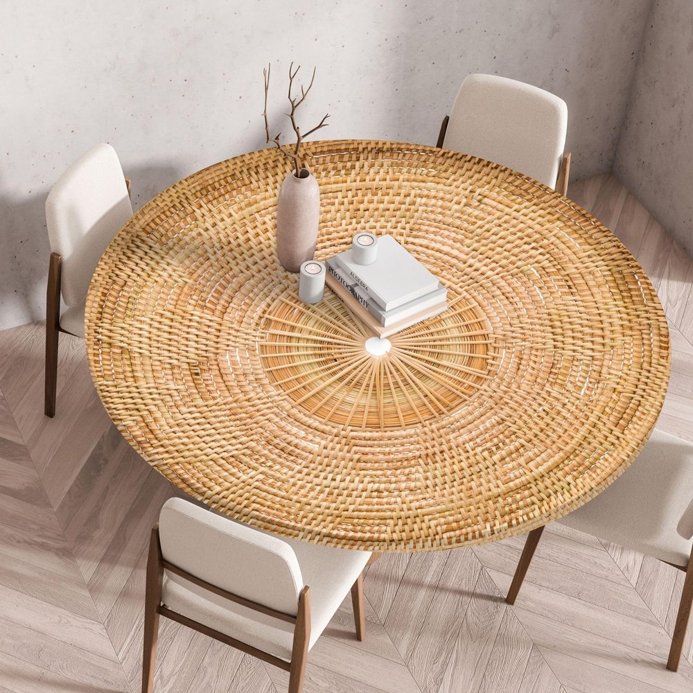FANSU Elastic Round Outdoor Tablecloth, Stain-Resistant, Wipeable, 100 cm Diameter, Straw Texture