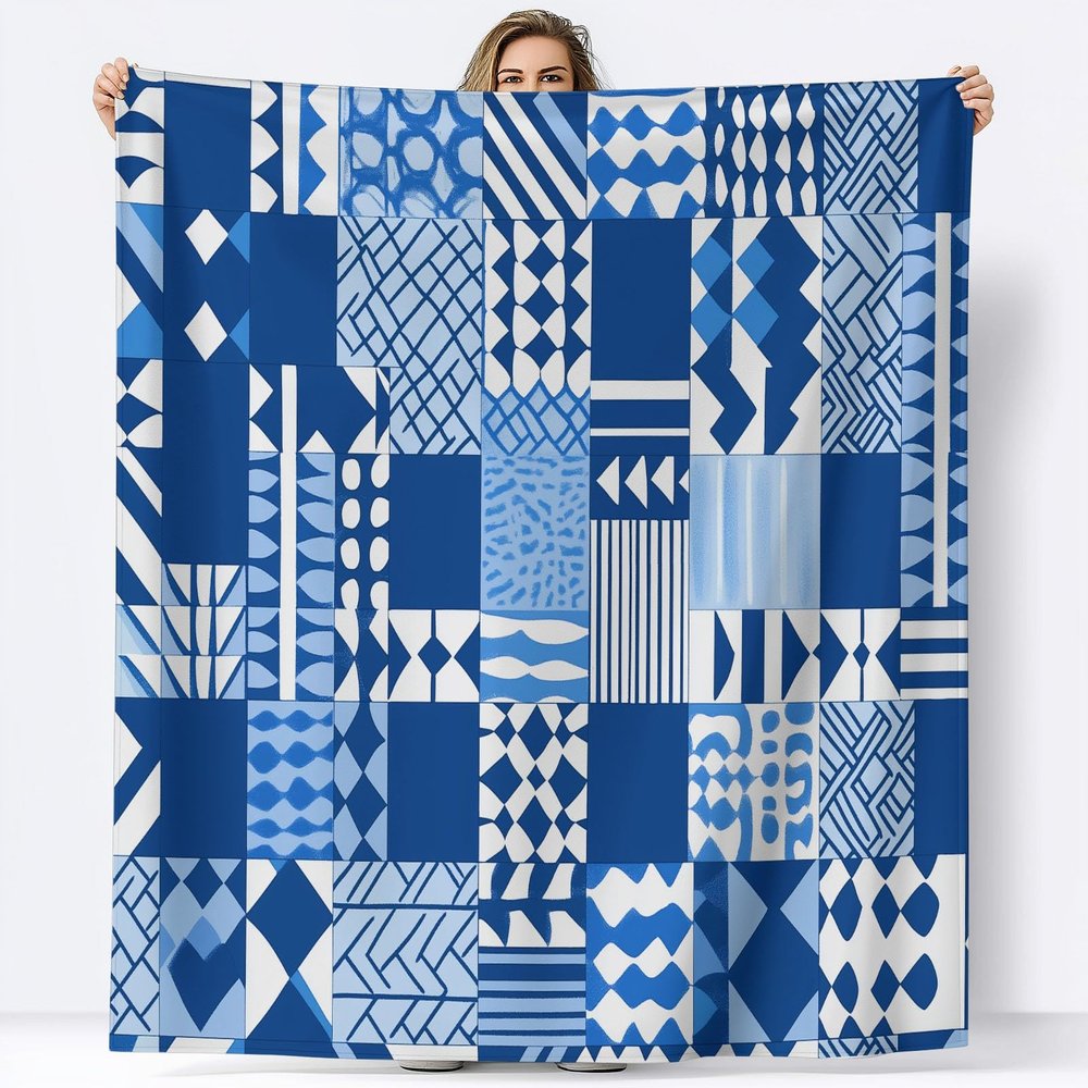 Navy Blue Printed Flannel Throw Blanket, 220 x 240 cm, Japanese Geometric Triangle Design