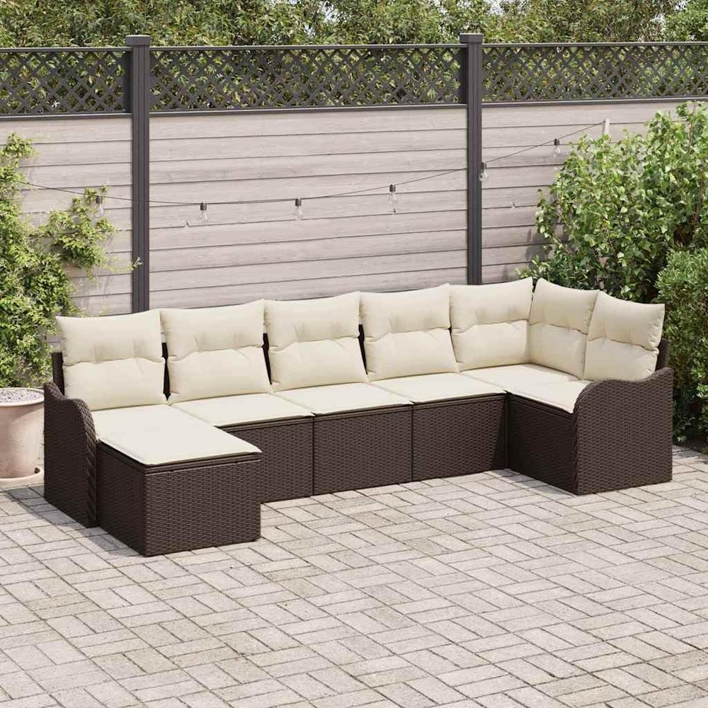 Teenpull 7-Piece Patio Sofa Set, Brown/White Poly Rattan, Modular and UV-Resistant