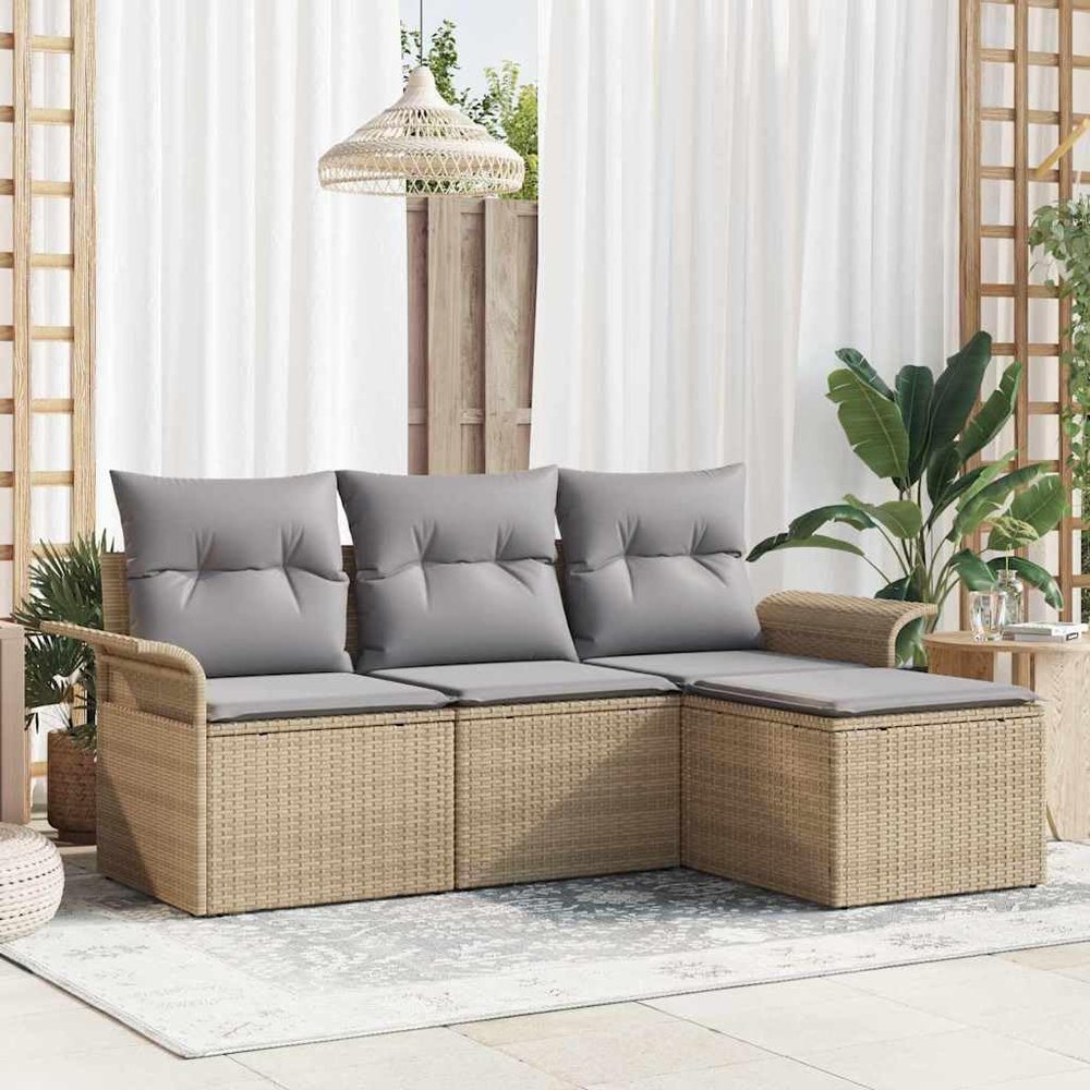 Teenpull 4-Piece Beige Poly Rattan Garden Sofa Set with Cushions