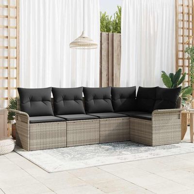 Teenpull 5-Piece Garden Sofa Set, Light Gray Poly Rattan, Modular Design, Adjustable Feet, Waterproof Cushions