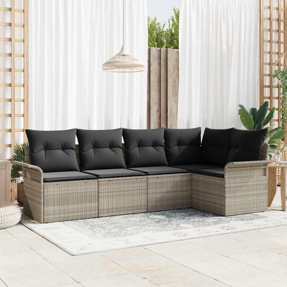 Teenpull 5-Piece Garden Sofa Set, Light Gray Poly Rattan, Modular Design, Adjustable Feet, Waterproof Cushions