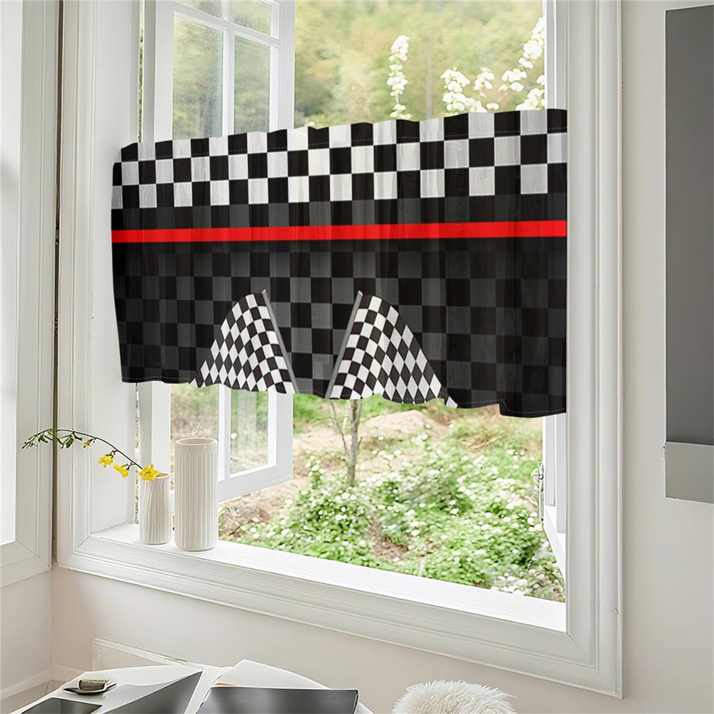 Odot Bistro Curtain, Black-and-White Country-Style Café Curtain with Rod Pocket, Short Kitchen Curtain, Black 5, W132 x H45 cm