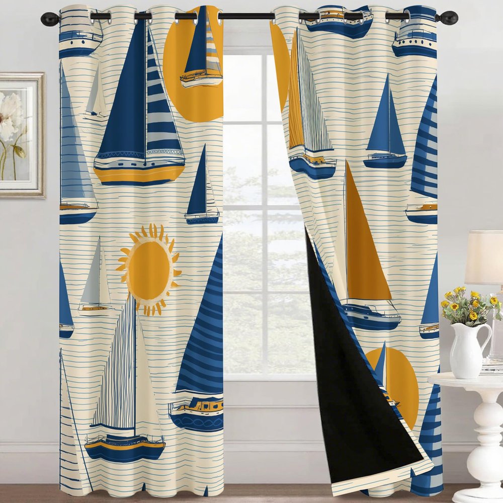 Nautical Sailboat Blackout Curtains with Grommets, 2-Piece Set, 300 x 140 cm