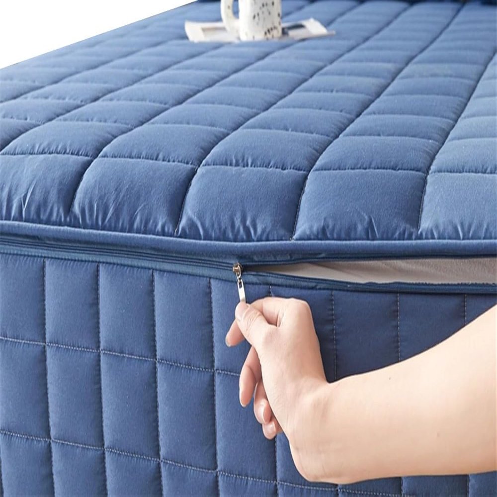 Quilted Zippered Mattress Cover, Mattress Protector, Customizable, Navy Blue, 135 x 190 x 20 cm