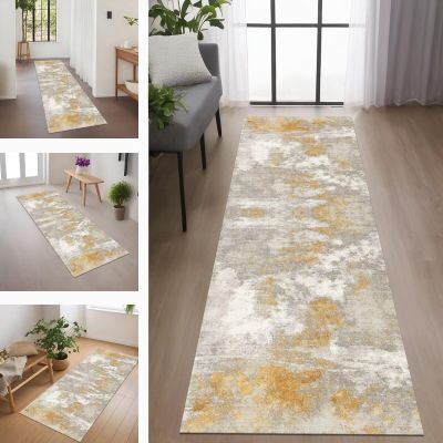 RGLXING Washable Non-Slip Runner Rug for Hallway/Kitchen, Gray/Orange, 50 x 240 cm