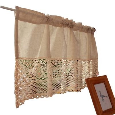 Rustic Crochet Café Curtain with Valance for Kitchen, Vintage Short Rod-Pocket Curtain