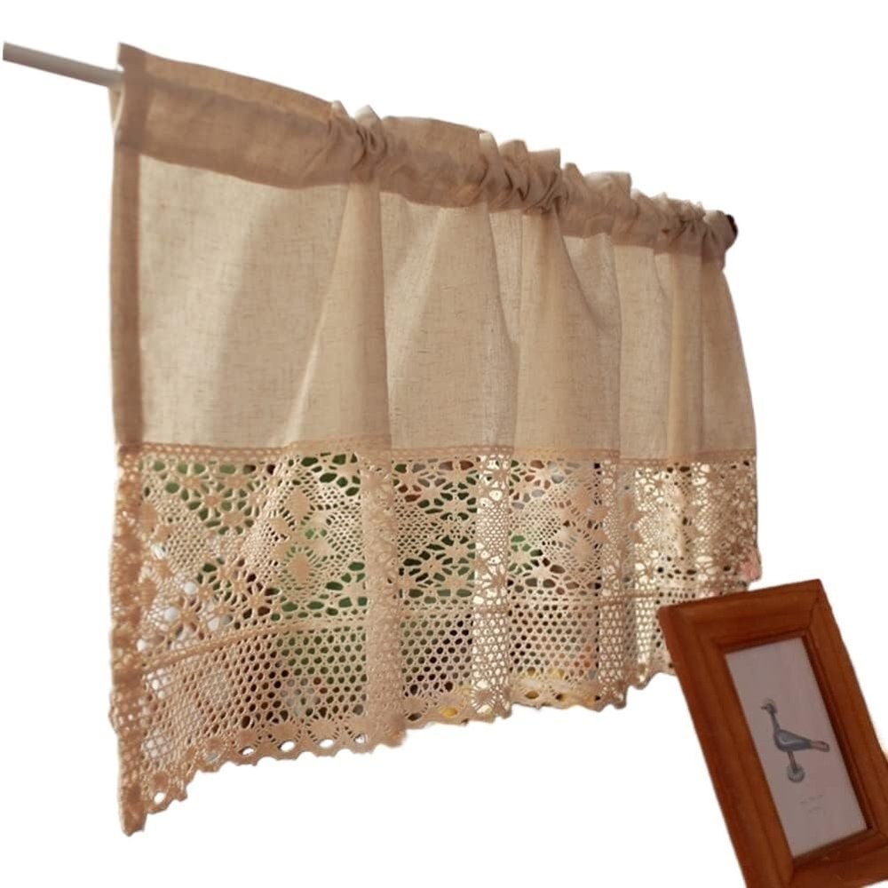 Rustic Crochet Café Curtain with Valance for Kitchen, Vintage Short Rod-Pocket Curtain
