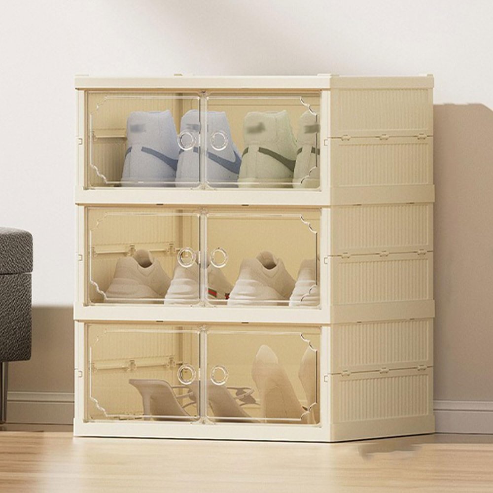Foldable Stackable Shoe Box, 3-Tier, Dustproof Thickened Plastic, No Assembly Required (3-Tier A)