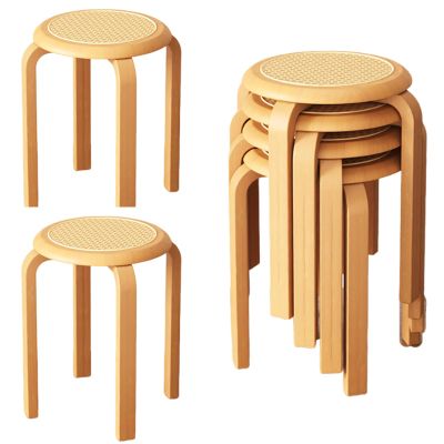 JS Ellie Retro Round Stool Set, Stackable, Solid Wood and Rattan, 300 kg Capacity, Brown, 6-Piece Set