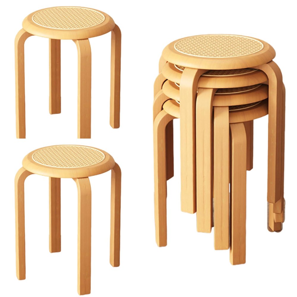 JS Ellie Retro Round Stool Set, Stackable, Solid Wood and Rattan, 300 kg Capacity, Brown, 6-Piece Set
