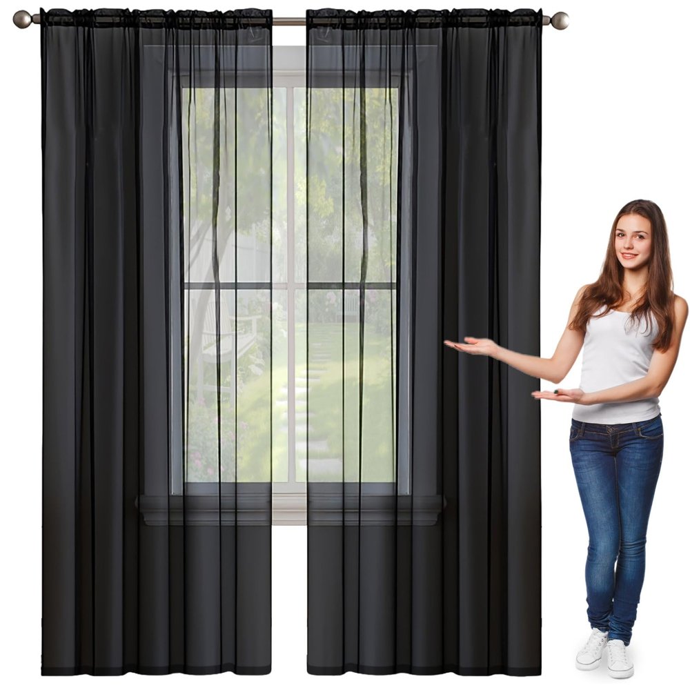 NINGBAI Sheer Voile Curtain, Black, 50 x 200 cm, Rod Pocket