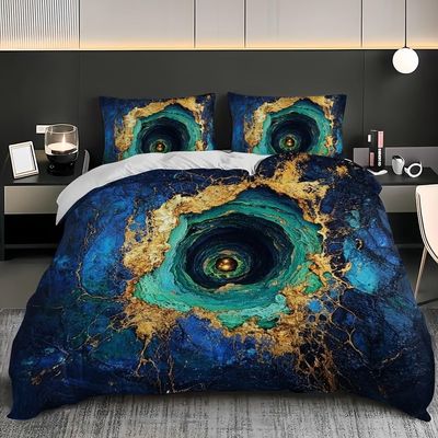 Blue 3-Piece Microfiber Duvet Cover Set, 200 x 200 cm, Abstract Black Marble Design