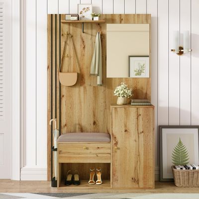 Entryway Wardrobe Set with Mirror, Cushion, Black Trim and Umbrella Shelf, 115 x 185 x 37 cm