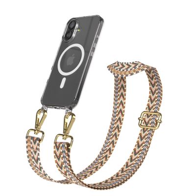 EAZY CASE Phone Lanyard for iPhone 17, Adjustable Strap with Silicone Case, Qi-Compatible, Brown/Gold