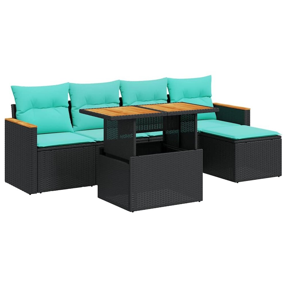 vidaXL 6-Piece Garden Sofa Set with Cushions, Black Poly Rattan