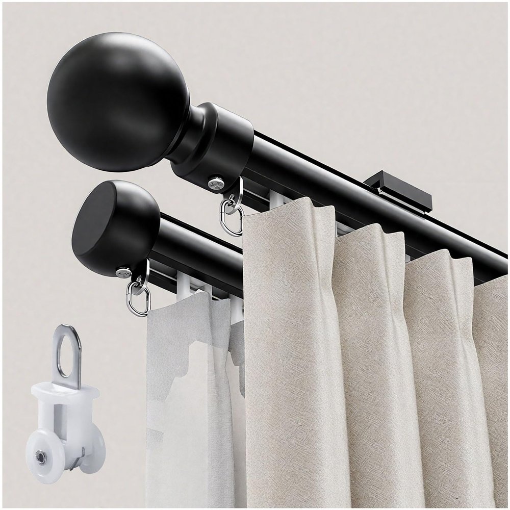 Double Curtain Rod, Heavy-Duty Aluminum Track, 50–1500 cm, Quiet Wall-Mount Design, Black, 80 cm