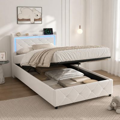 FOERPL Upholstered Bed 90 x 200 cm with Storage, Slatted Frame, LED & USB, Velvet (Mattress Not Included)