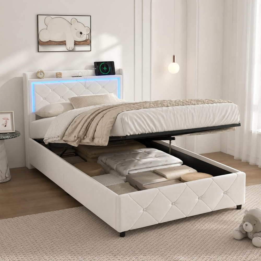 FOERPL Upholstered Bed 90 x 200 cm with Storage, Slatted Frame, LED & USB, Velvet (Mattress Not Included)