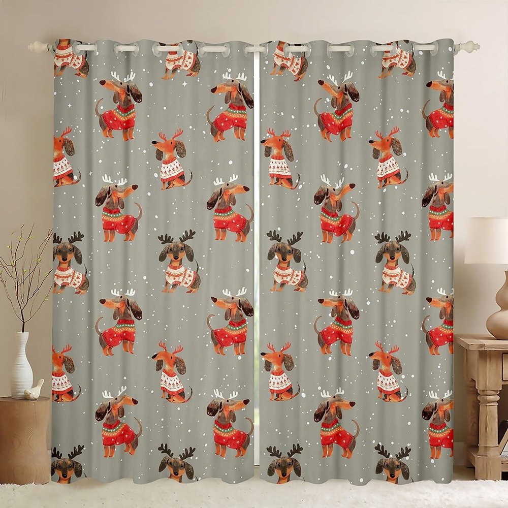 Manfei Christmas Dachshund Antler Window Curtains, 2 Panels, 175 x 140 cm