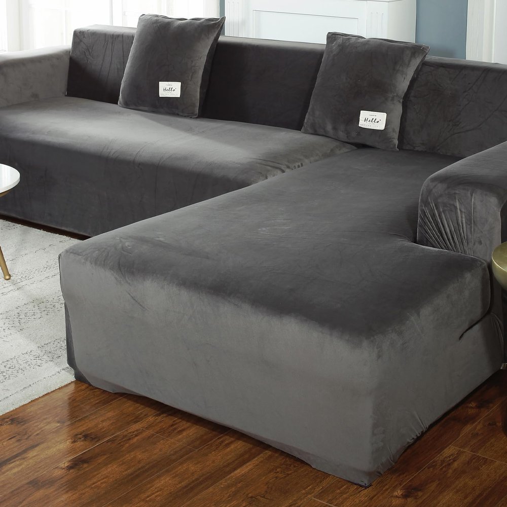 VanderHOME High-Stretch L-Shaped Sofa Cover, Soft Plush, Solid Gray, Non-Slip
