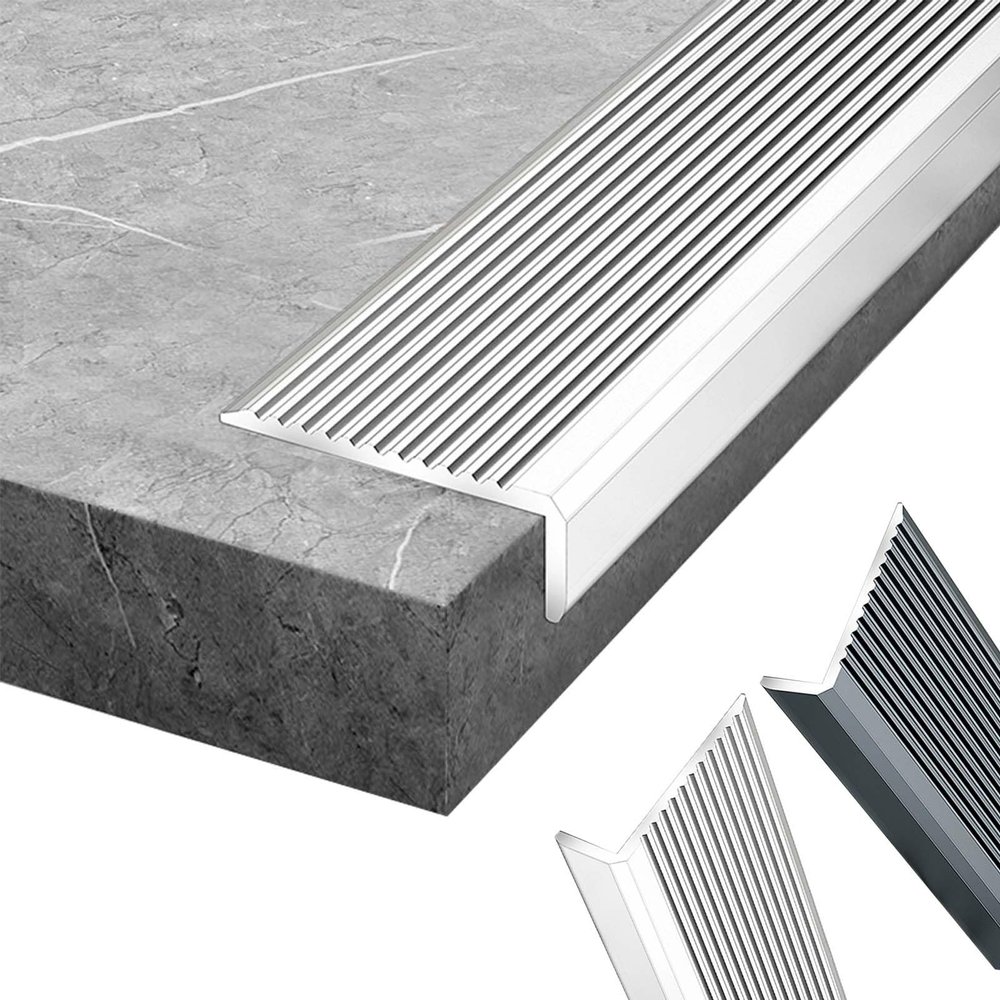 Gray Aluminum Stair Edge Profile, 100/150 cm, Anti-Slip L-Shape, Silver
