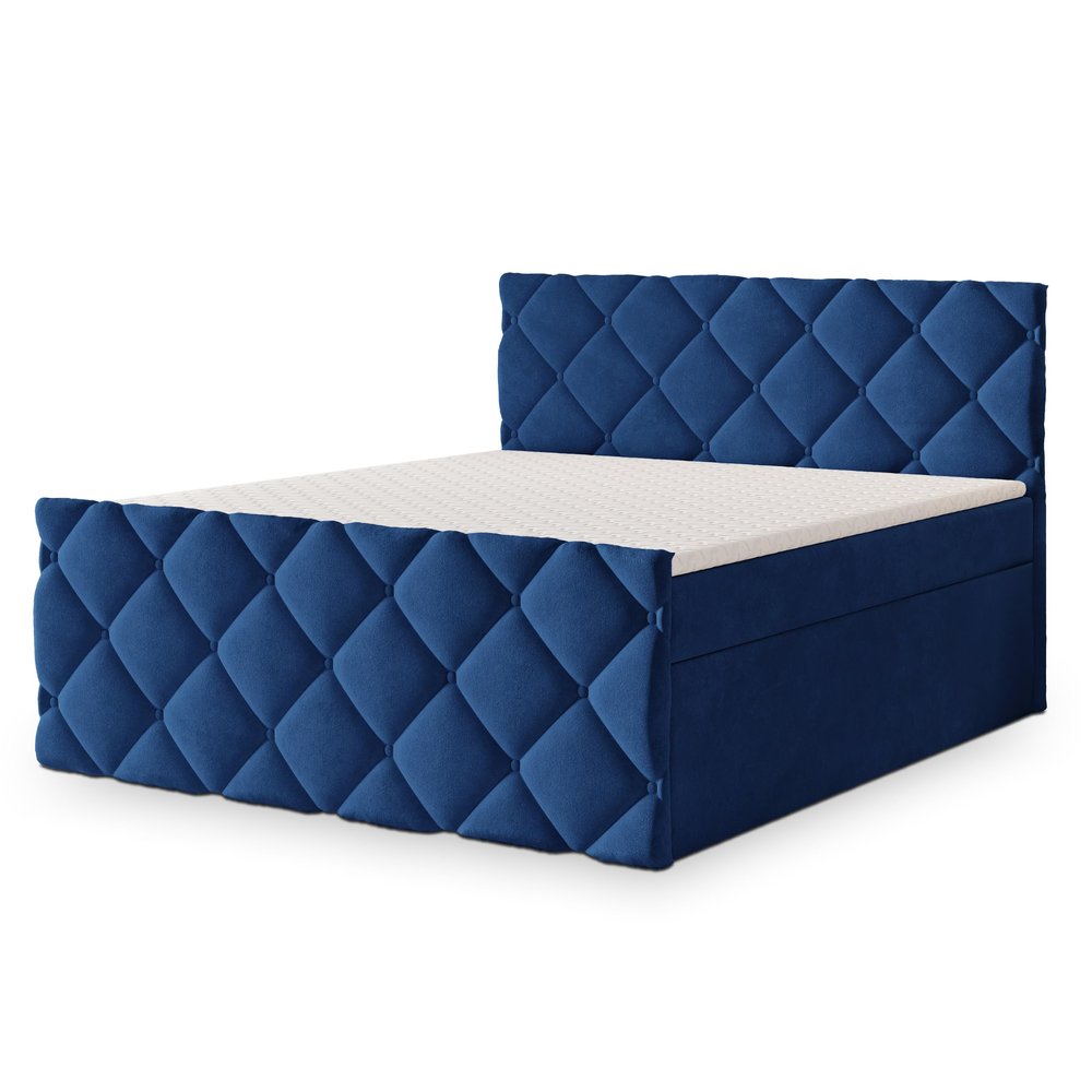 Masseno ROVARI Box Spring Bed 160 x 200 cm Complete Set with Mattress and Topper, Upholstered Bed with Two Storage Compartments – Blue, KRONOS 09