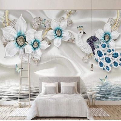 XLMING Silk Art Relief Flowers Jewelry Peacock 3D Wallpaper, 150 x 105 cm