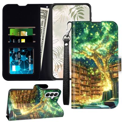 JANENFNA Wallet Case for Galaxy A16 4G/5G with RFID-Blocking Card Slots, Stand, and Wrist Strap, Magical Book Tree