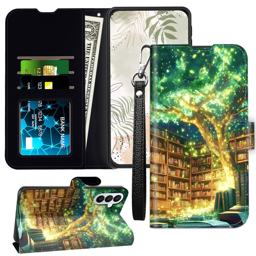 JANENFNA Wallet Case for Galaxy A16 4G/5G with RFID-Blocking Card Slots, Stand, and Wrist Strap, Magical Book Tree
