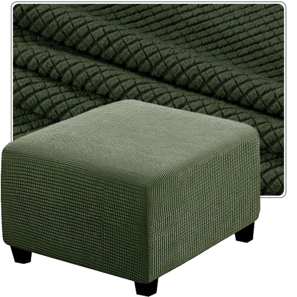 QOEUIUJ Square Ottoman Cover, Stretch Jacquard with Elastic Bottom, Army Green, 55 x 55 cm