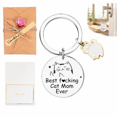 Eowppue Cat Stainless Steel Keychain with Engraving, Gift Set with Pink Paper Rose, Card and Envelope, Personalizable, 1 Piece