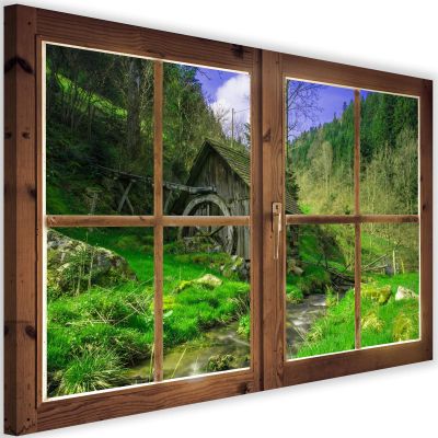 XXL Canvas Wall Art, Window Frame, Green Mill Landscape, 100 x 70 cm