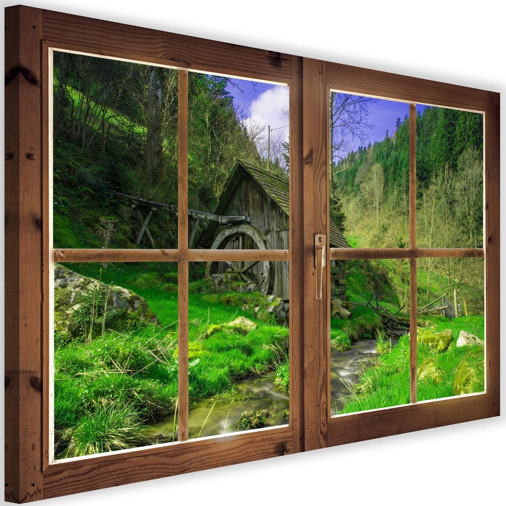 XXL Canvas Wall Art, Window Frame, Green Mill Landscape, 100 x 70 cm